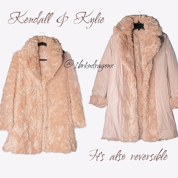 KENDALL + KYLIE CURLY FAUX FUR MID-LENGTH JACKET BLUSH FAUX FUR  REVERSIBLE - Picture 7 of 16